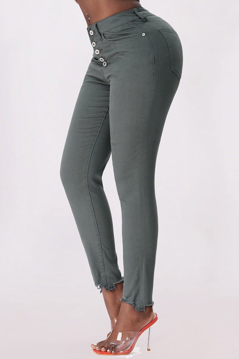 Button Fly Hem Detail Skinny Jeans - Talk to the tee store