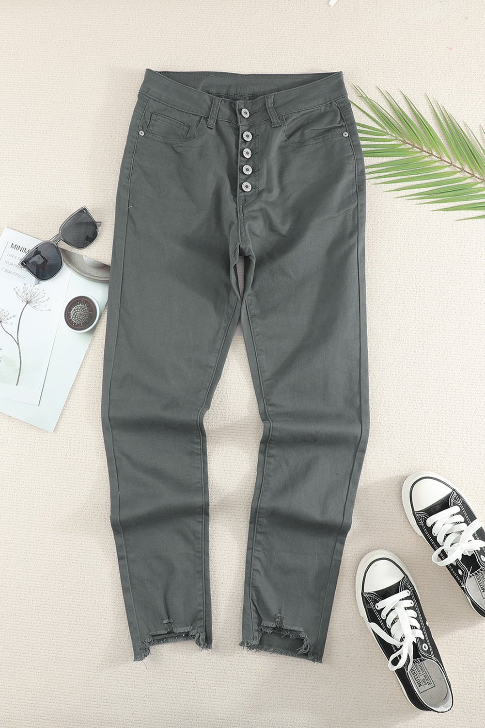 Button Fly Hem Detail Skinny Jeans - Talk to the tee store