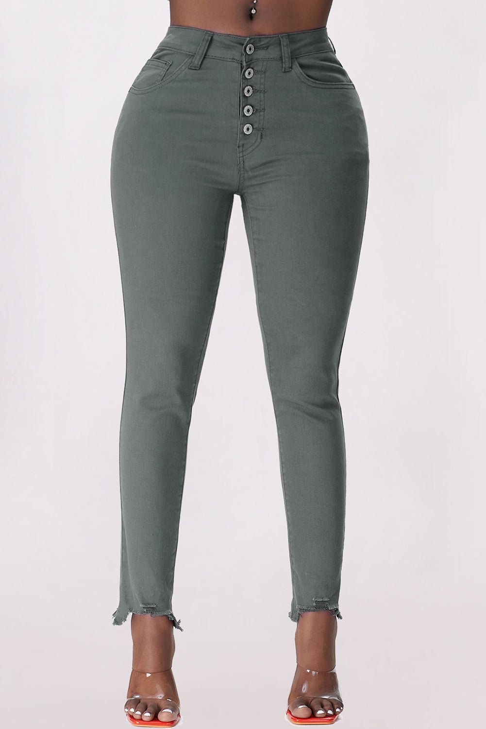 Button Fly Hem Detail Skinny Jeans - Talk to the tee store