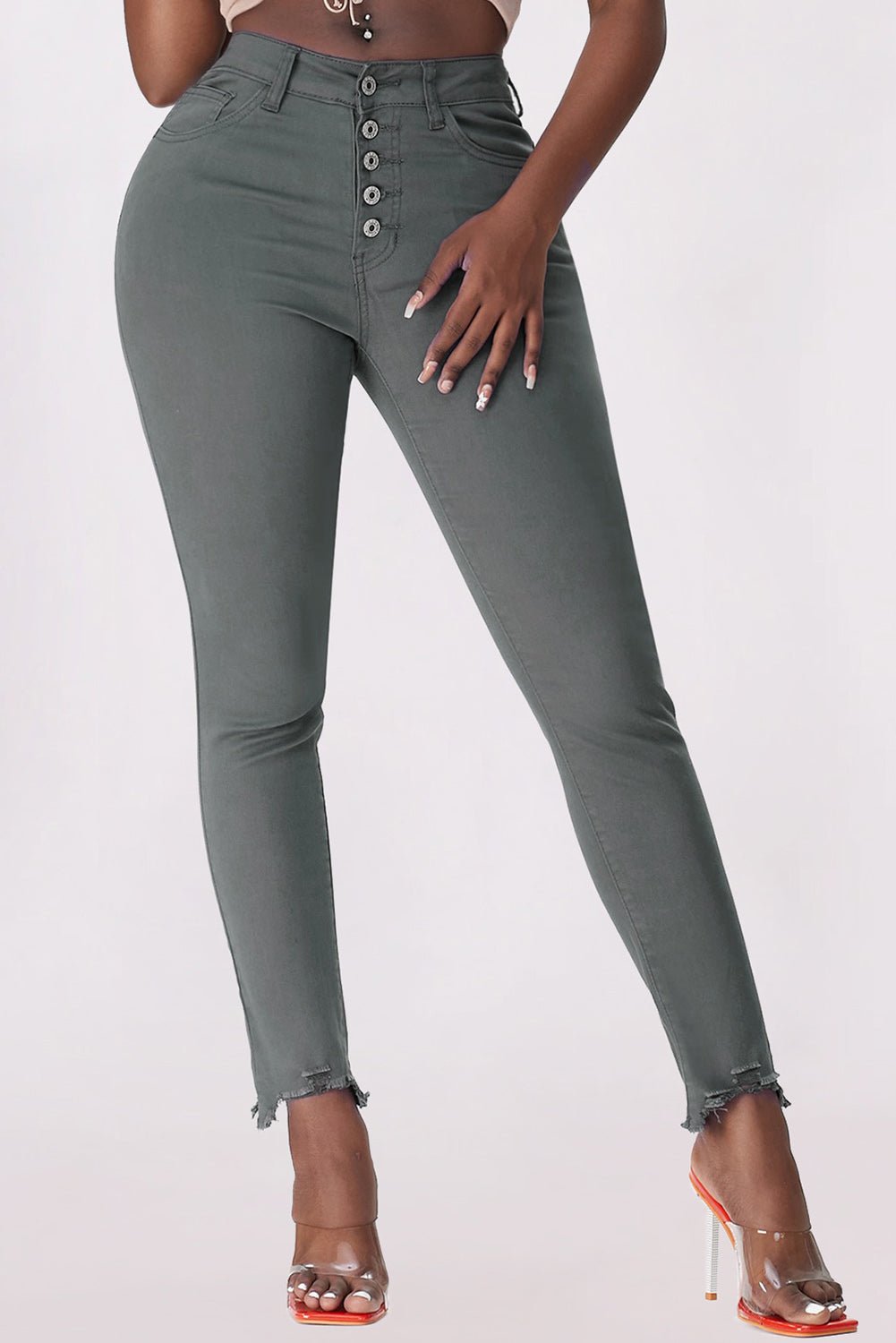 Button Fly Hem Detail Skinny Jeans - Talk to the tee store