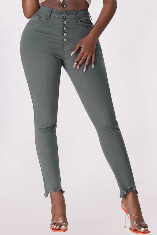 Button Fly Hem Detail Skinny Jeans - Talk to the tee store
