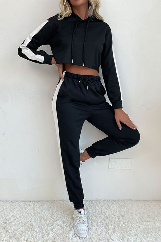 Side Stripe Cropped Hoodie and Jogger Set - Talk to the tee store