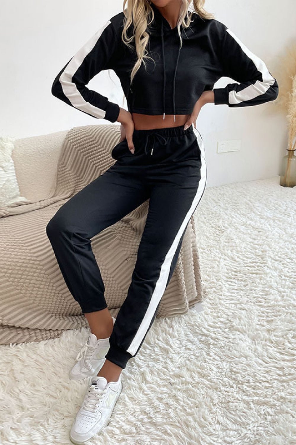 Side Stripe Cropped Hoodie and Jogger Set - Talk to the tee store