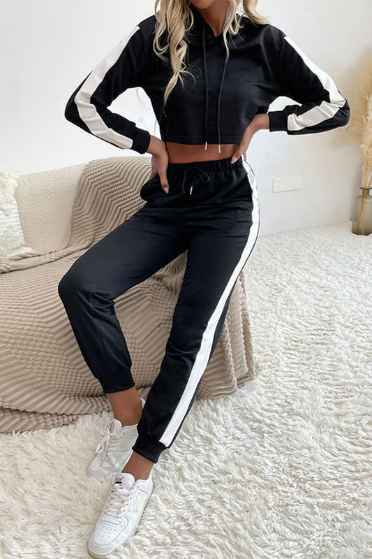 Side Stripe Cropped Hoodie and Jogger Set - Talk to the tee store