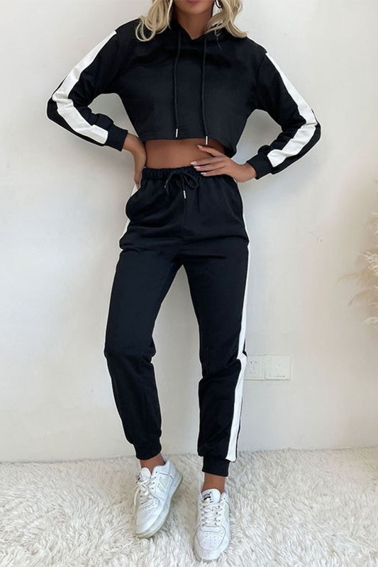 Side Stripe Cropped Hoodie and Jogger Set - Talk to the tee store
